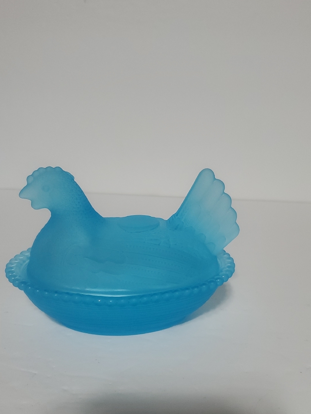 Sky Blue Frosted Glass Hen on Nest Dish